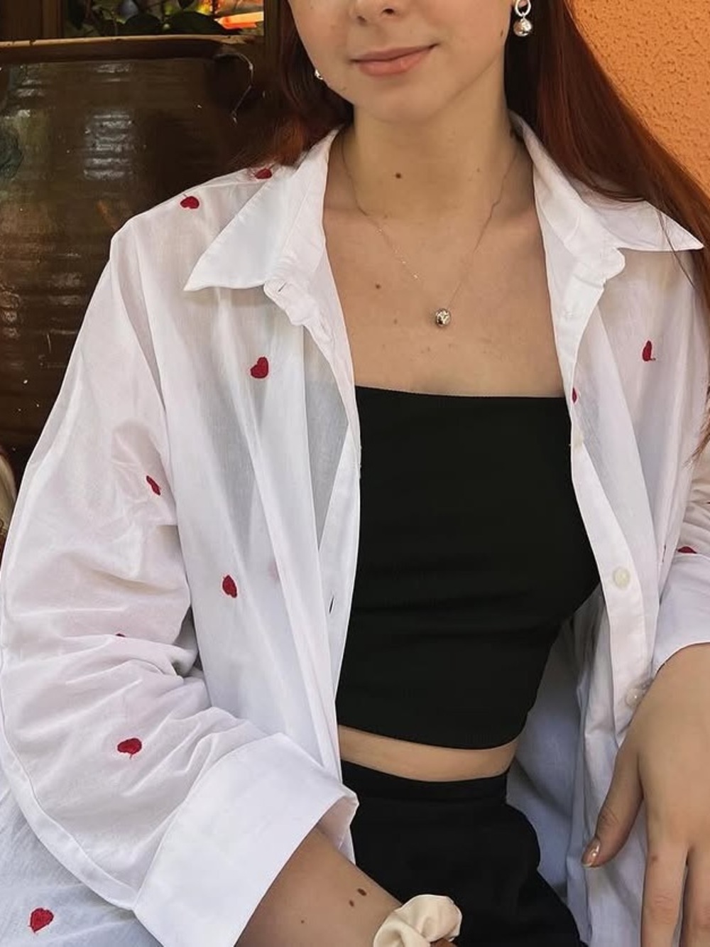 White Button-Front Shirt Jacket with Red Heart Details